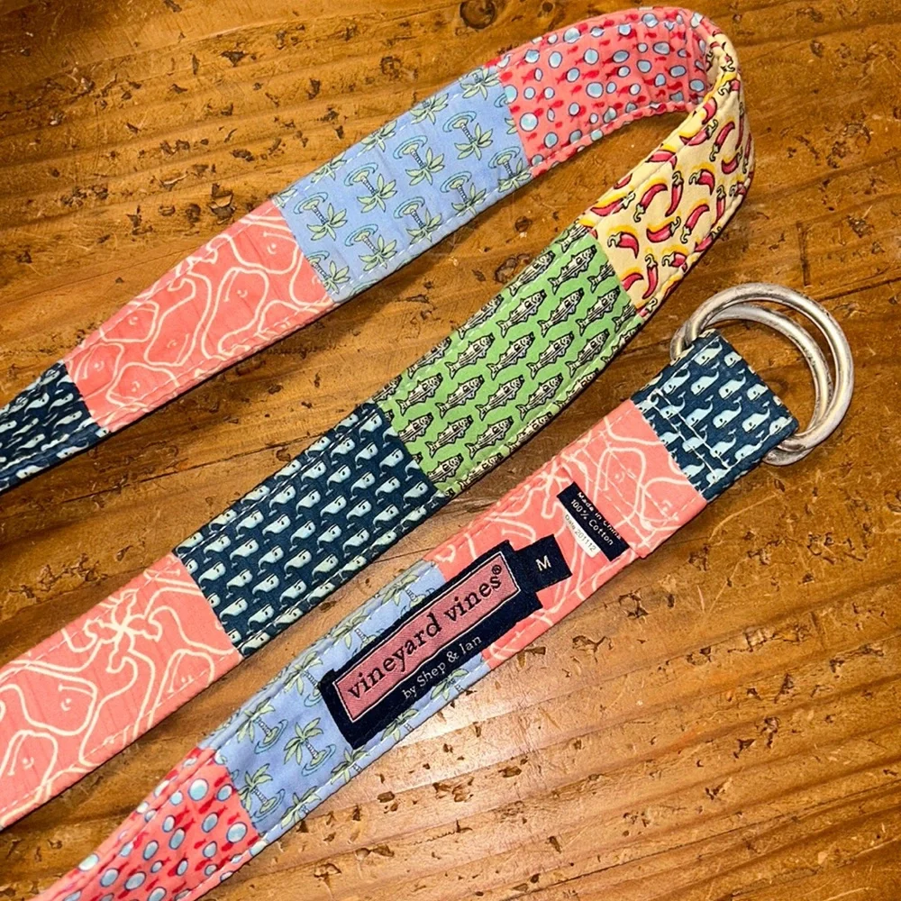 VINEYARD VINES sz M patchwork style belt with silver D-ring closure 46 in length
